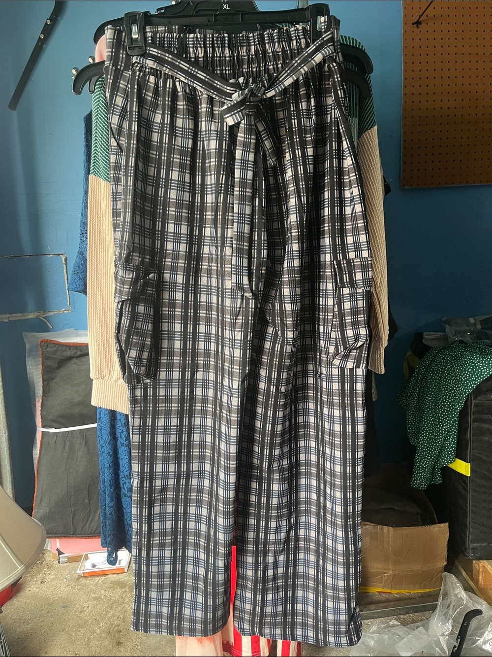 High-Rise Plaid Wide-Leg Pants with Tie Waist - Black/White